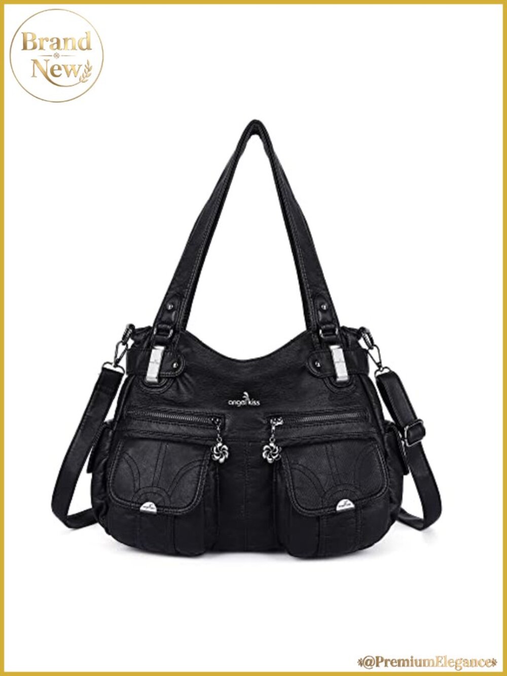 Large Washed PU Leather Satchel Handbag Multi Pocket Double Zipper